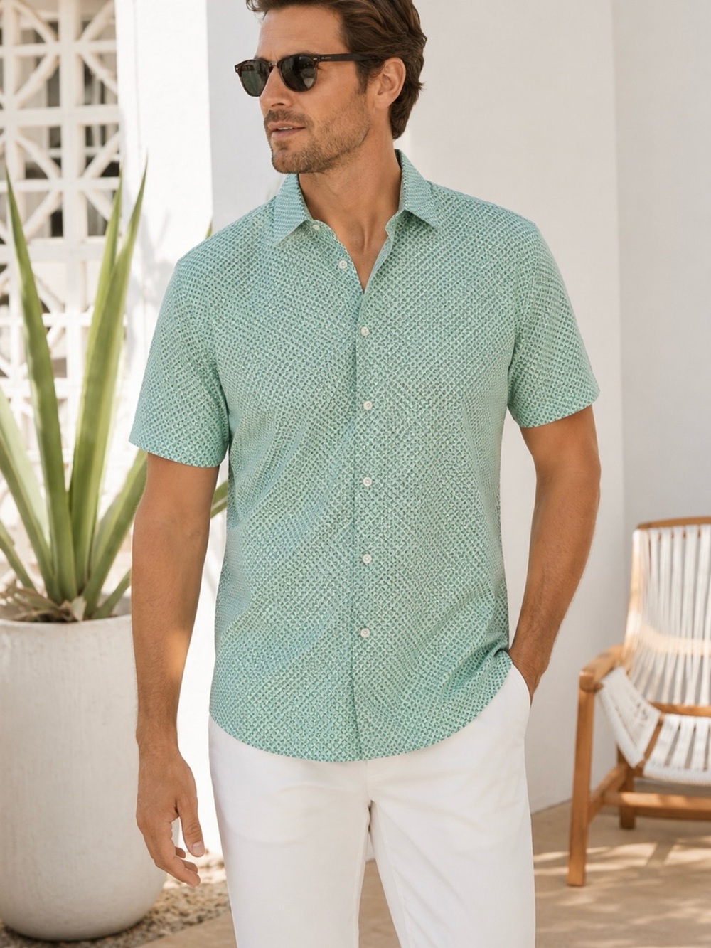 Mr. Turk Short-Sleeve Mint Green Geometric Resort Shirt. Made in California.